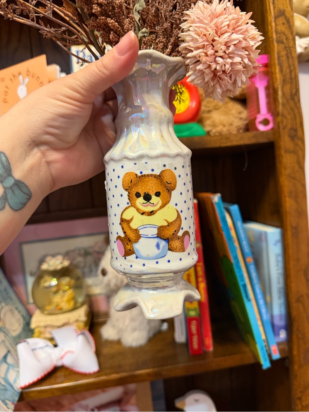 Vintage BearBud Vase in Iridescent White